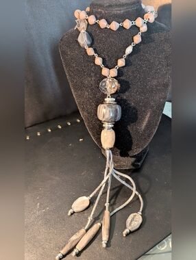 Chico's Neutral Beige and Gray Beaded Tassel Necklace- Very Long